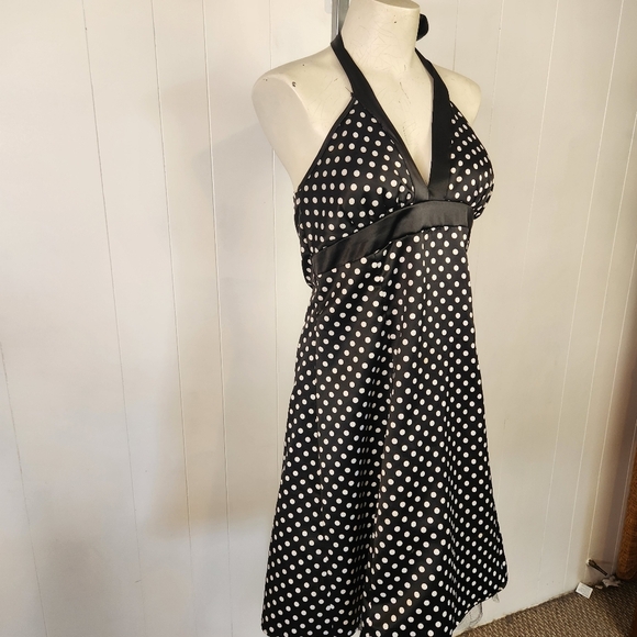 Vintage 1990s Black Polka Dot Satin Halter Dress Tulle Rockabilly Size Medium - Picture 2 of 14